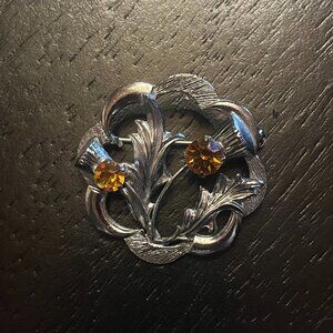 Vintage Silver Tone Scottish Thistle Brooch with Orange Rhinestones MIZPAH